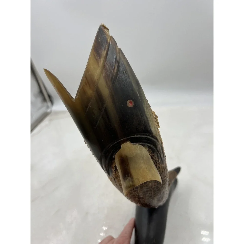 Vintage Hand Carved Ox Horn Fish Sculpture Folk Art 13